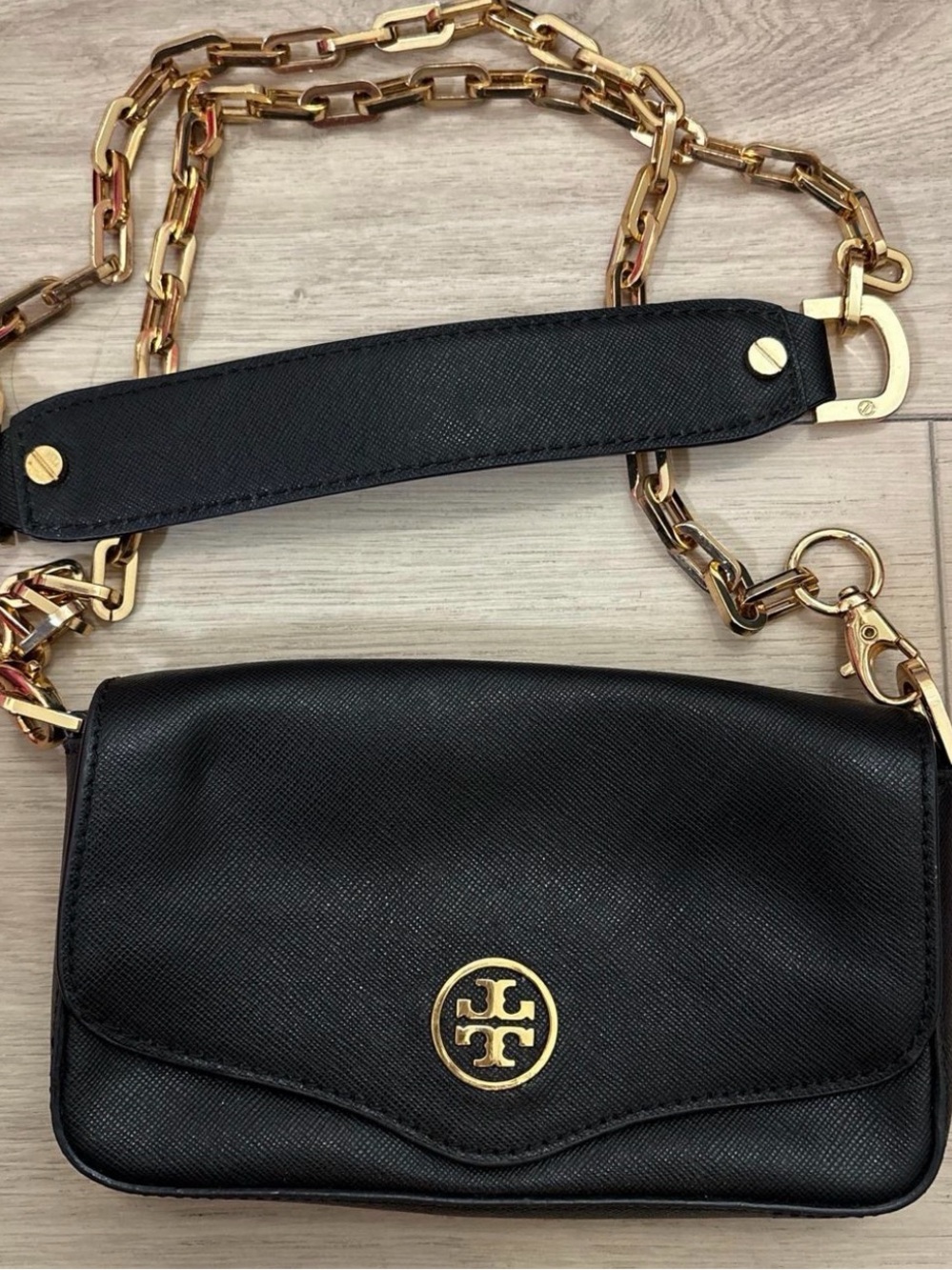 Tory Burch Black Leather Crossbody with Gold Chain